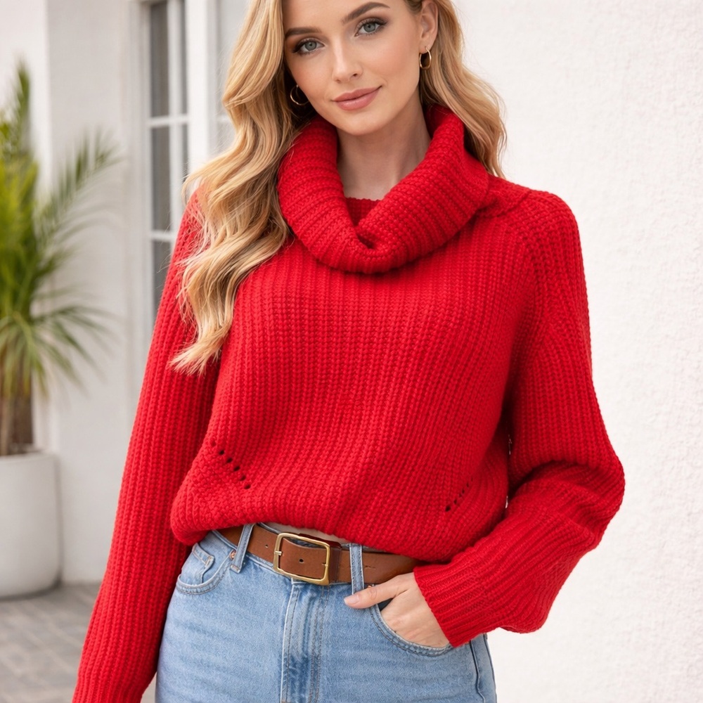 moon & madison Cherry Red Chunky Knit Cowl Neck Sweater | Large